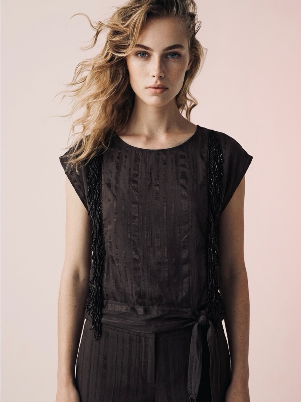 BCBG Max Azria Elegant Black Flare Fringe Beaded Girlcore Top -Coquettegirl -XS